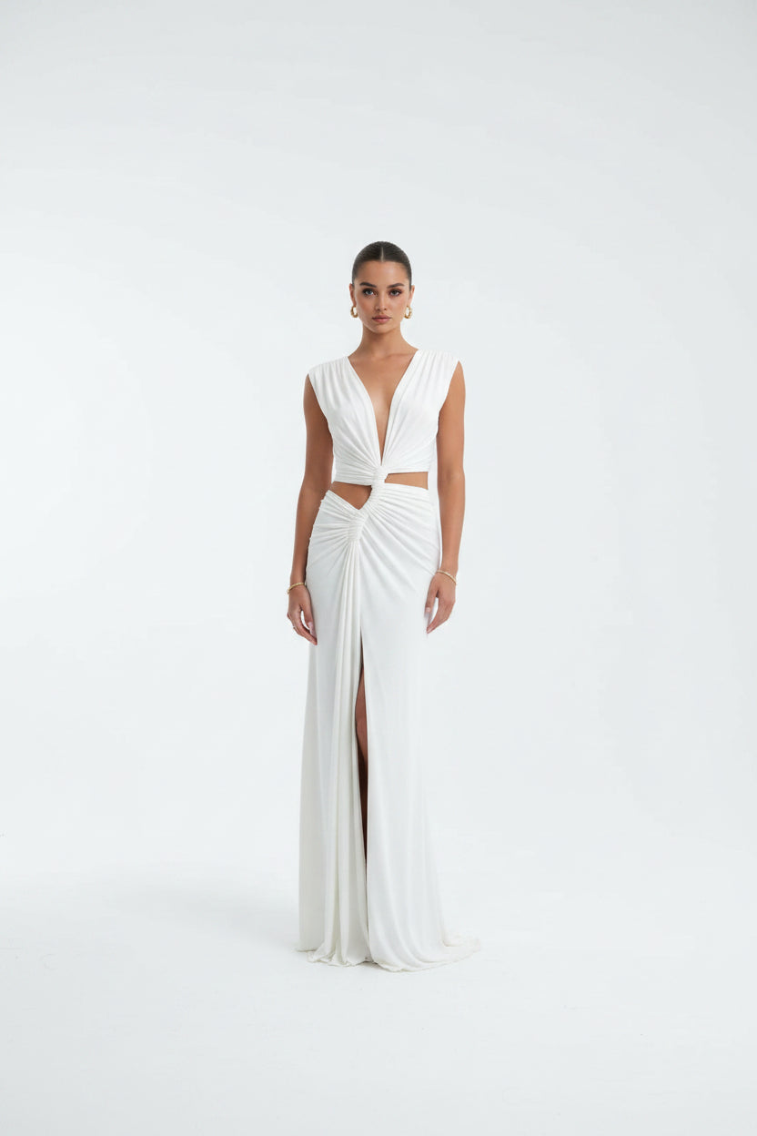 Robe Longue Fendue Dos Nu Col V Découpes 2 Coloris | ROBEMODE