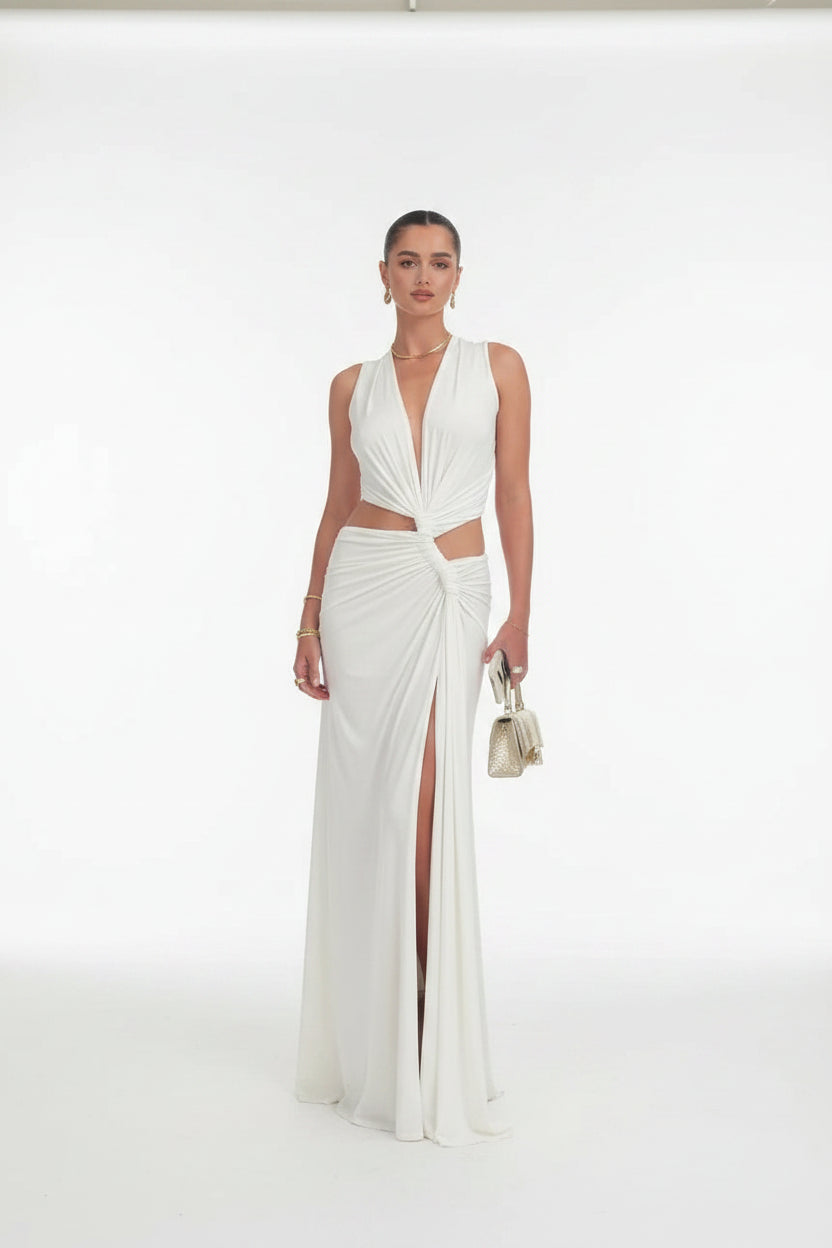 Robe Longue Fendue Dos Nu Col V Découpes 2 Coloris | ROBEMODE
