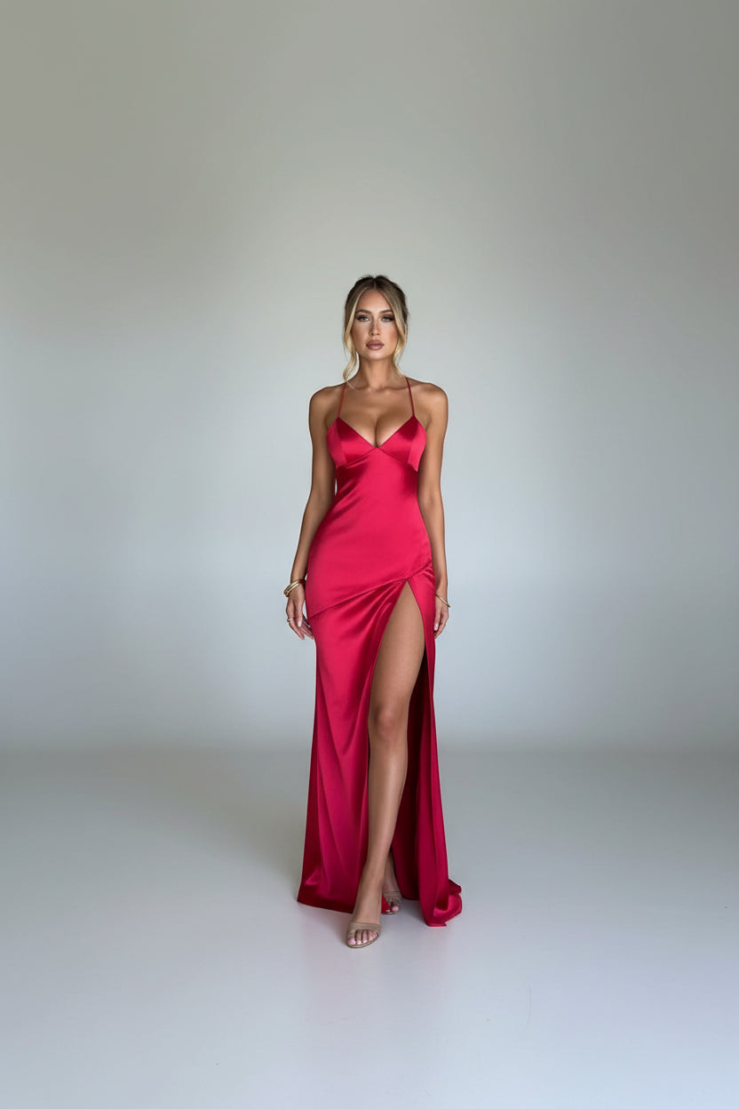 Robe Longue Satinée Soirée Col V Bretelles Fines Fendue | ROBEMODE