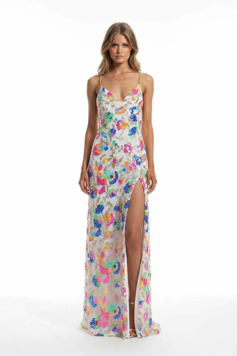 Robe longue fleurie fente bretelles fines femme | ROBEMODE