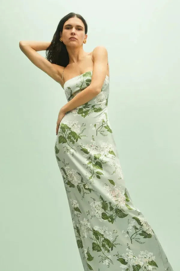 Robe longue femme été fleurs bretelles fines verte