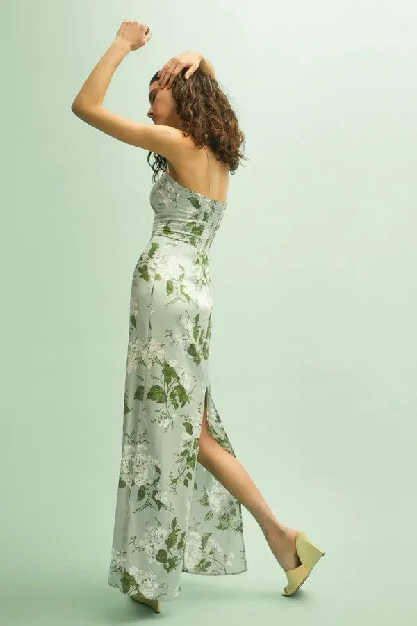 Robe longue femme été fleurs bretelles fines verte