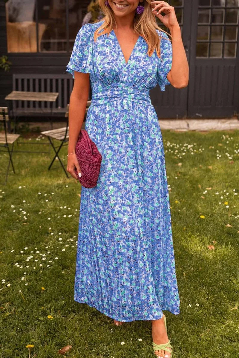Robe Longue Femme Imprimée Manches Courtes Col V Été 1 Coloris | ROBEMODE