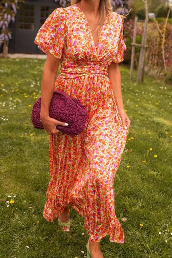Robe Longue Femme Imprimée Manches Courtes Col V Été 1 Coloris | ROBEMODE