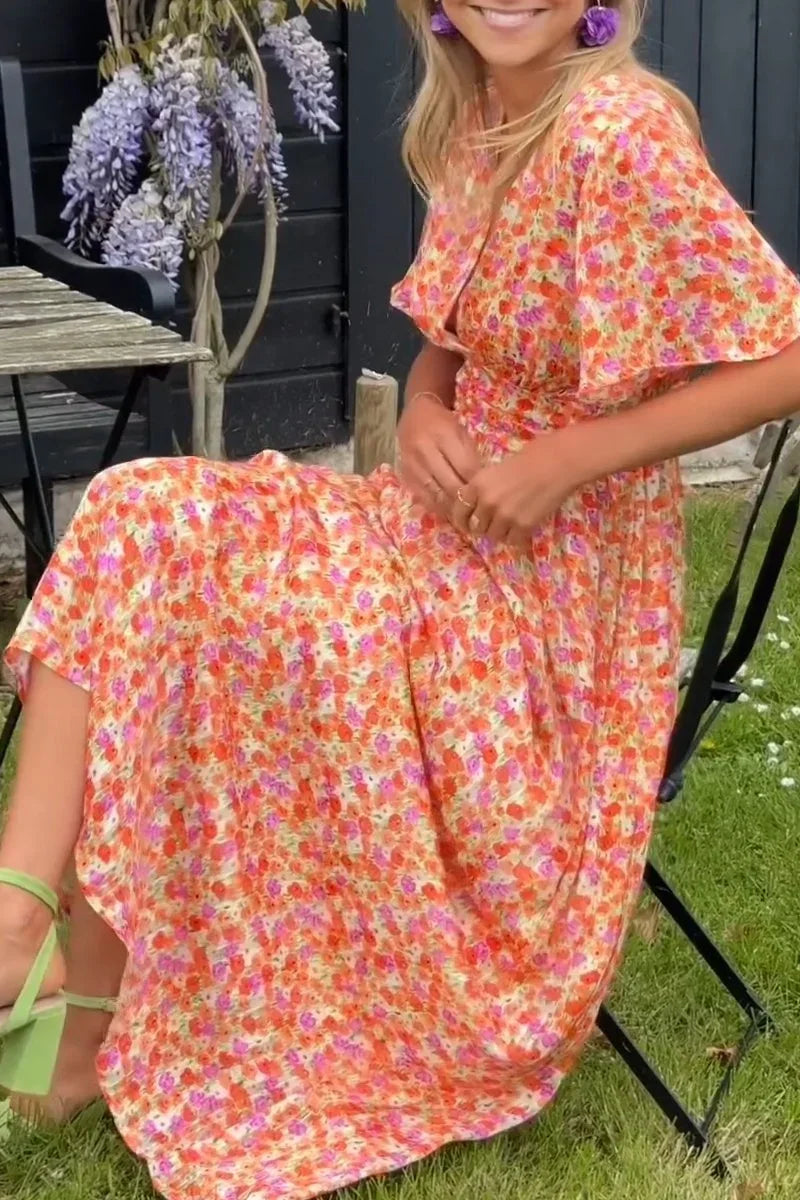 Robe Longue Femme Imprimée Manches Courtes Col V Été 1 Coloris | ROBEMODE