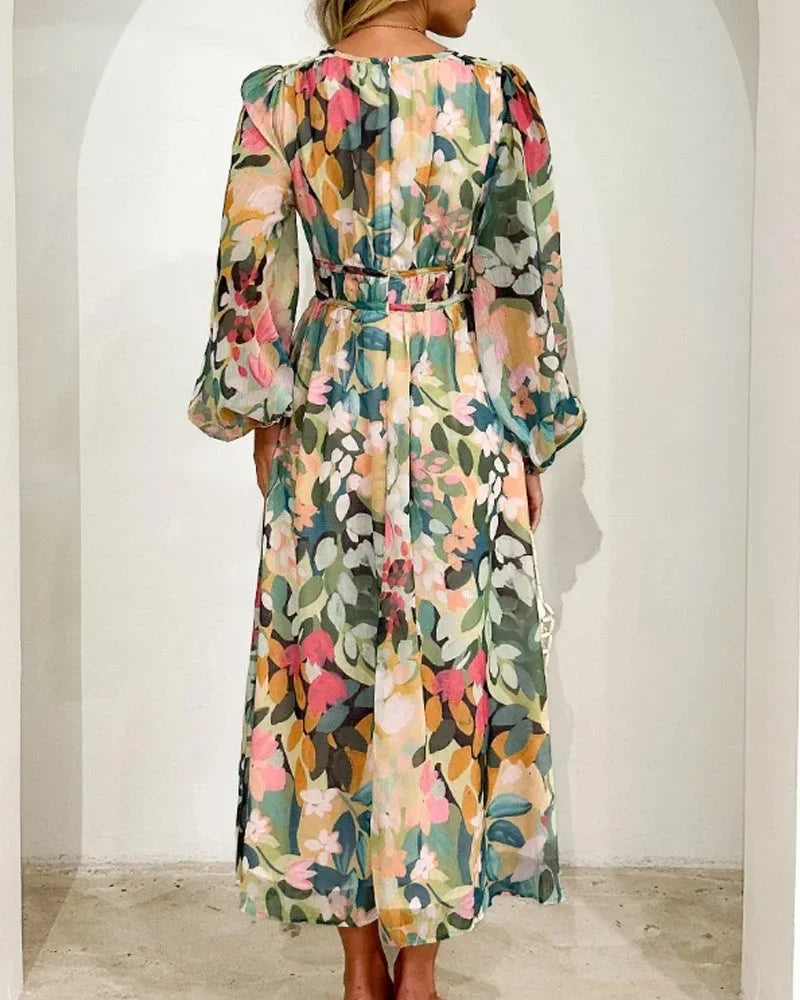 Robe longue femme imprimée florale pastel manches longues | ROBEMODE