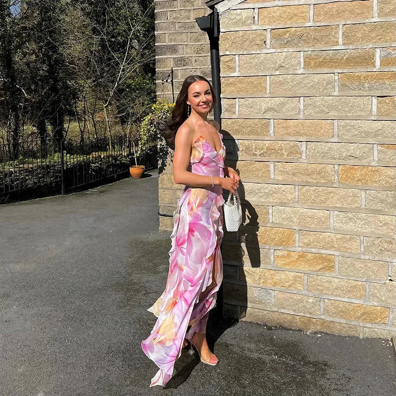 Robe longue femme rose à fleurs avec volants été | ROBEMODE