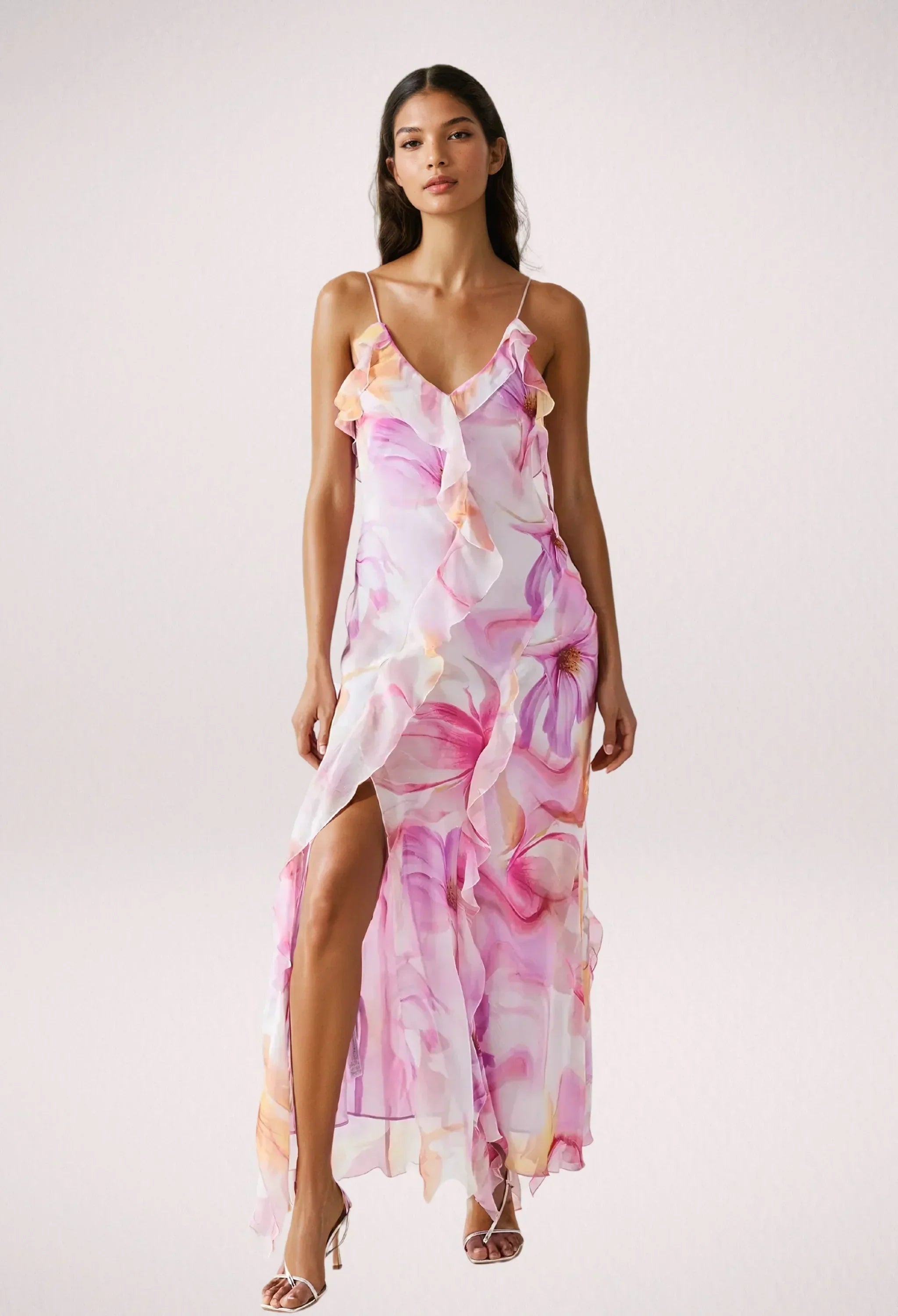 Robe longue femme rose à fleurs avec volants été | ROBEMODE