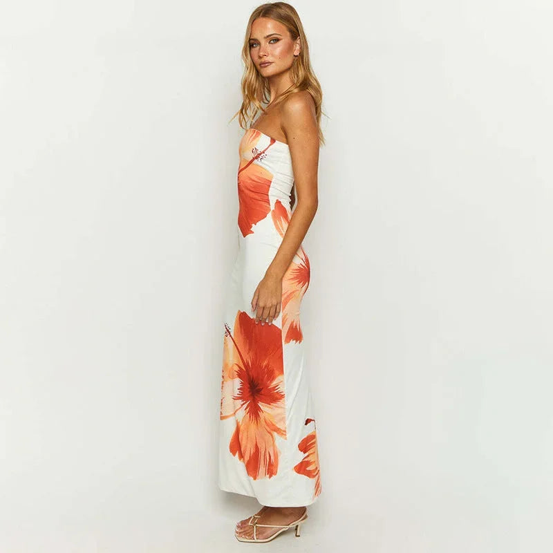 Robe longue femme sans bretelles imprimé floral orange | Coupe féminine + Style élégant + Facile à accessoiriser – ROBEMODE