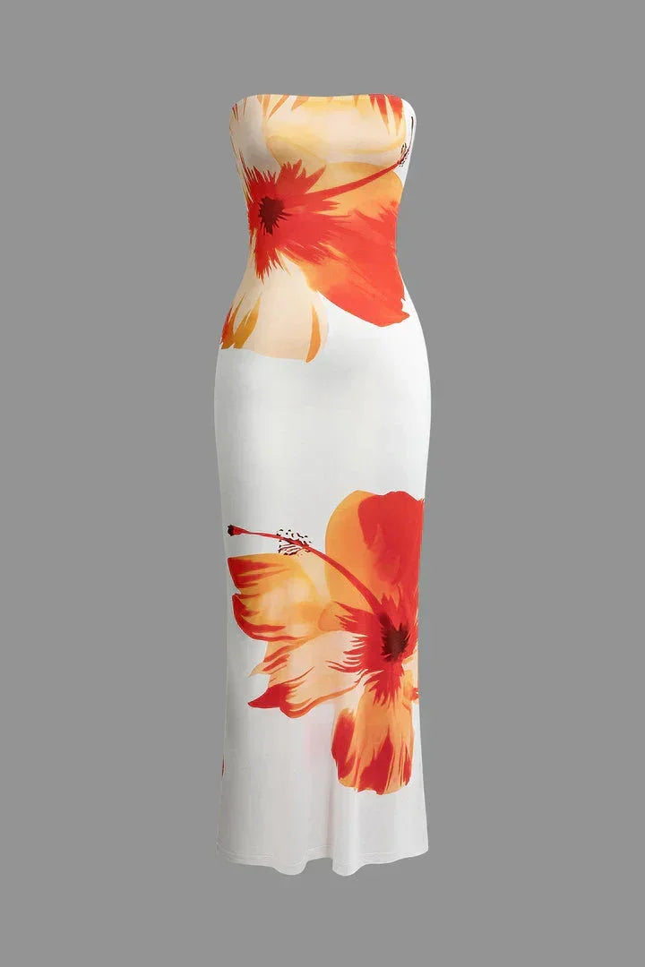 Robe longue femme sans bretelles imprimé floral orange | Coupe féminine + Style élégant + Facile à accessoiriser – ROBEMODE