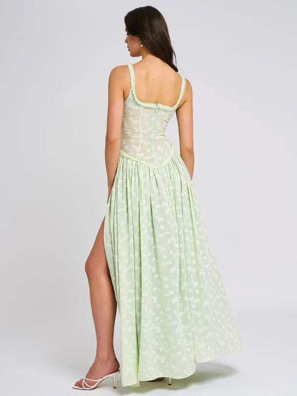 Robe longue verte fendue à corset fleuri soirée été | ROBEMODE