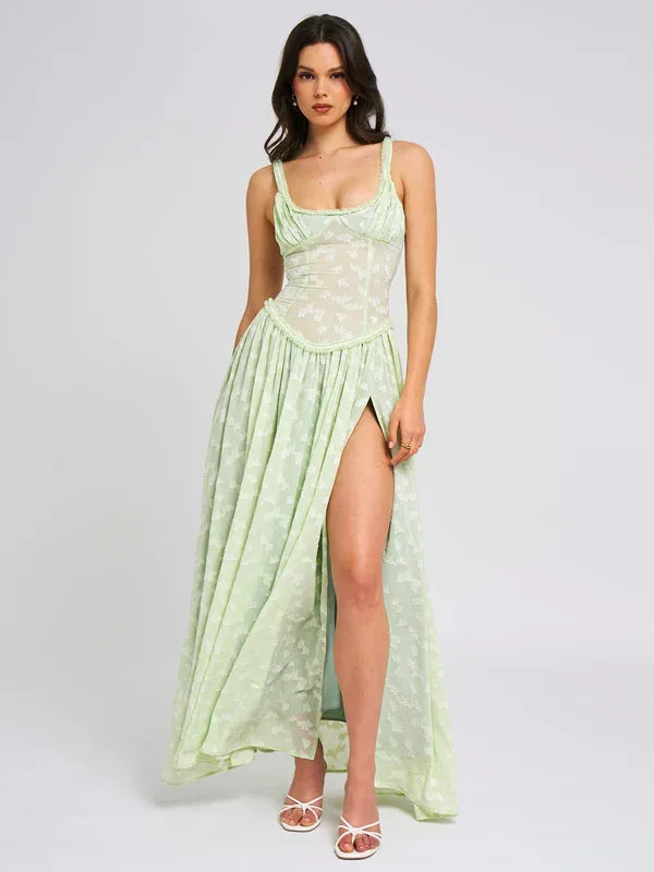 Robe longue verte fendue à corset fleuri soirée été | ROBEMODE