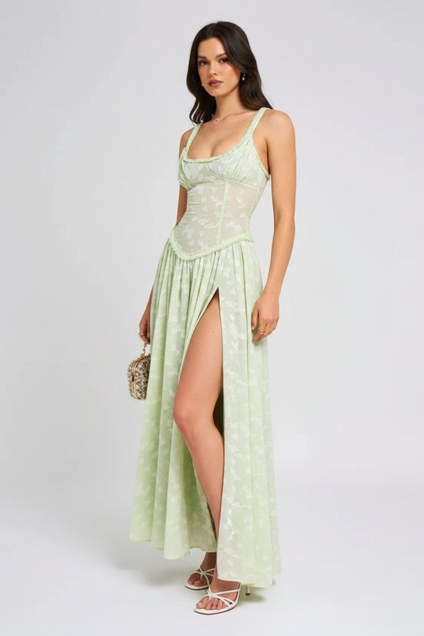 Robe longue verte fendue à corset fleuri soirée été | ROBEMODE