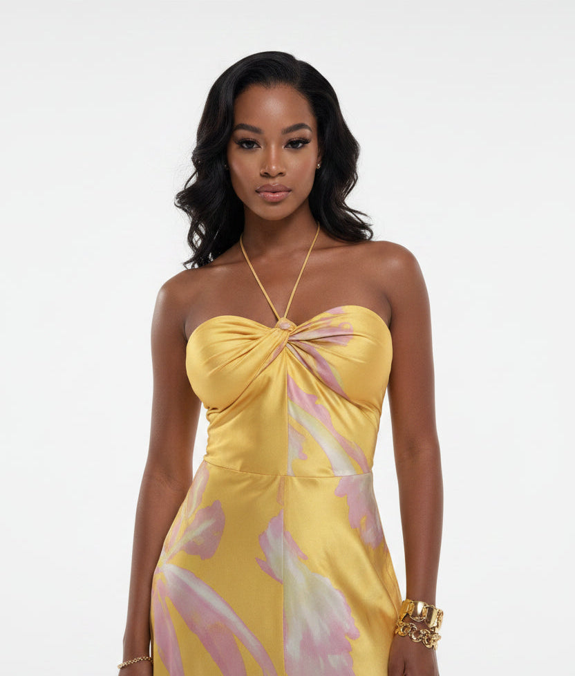 Robe longue femme jaune à fleurs épaules dénudées