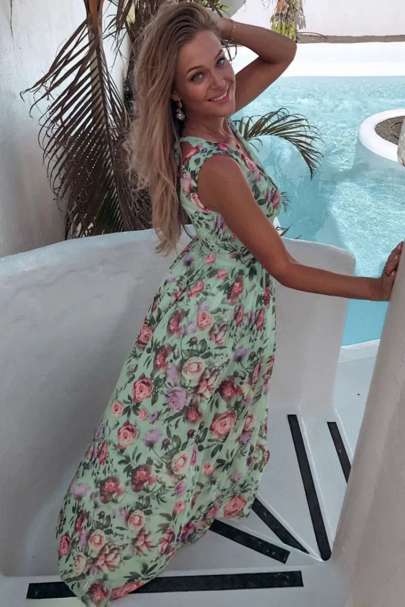 Robe Longue Sans Manches Fente Florale Été | ROBEMODE