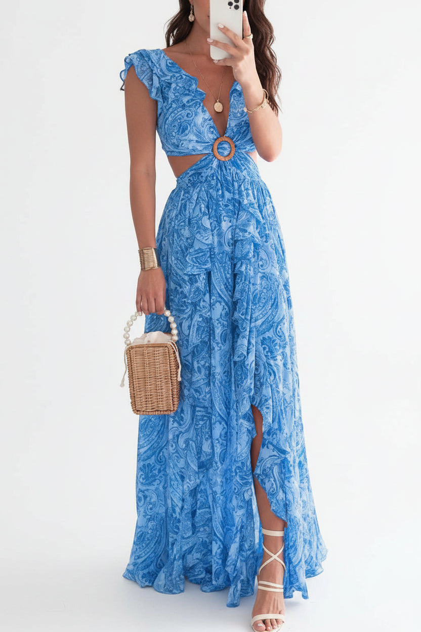 Robe Longue Florale Femme Découpes Col V Manches Courtes Été | ROBEMODE