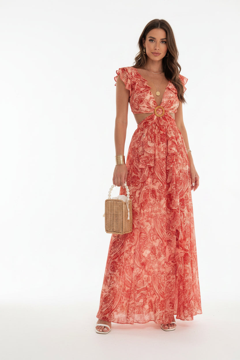 Robe Longue Florale Femme Découpes Col V Manches Courtes Été | ROBEMODE