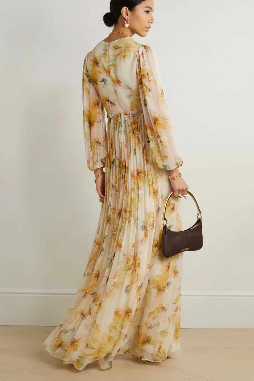 Robe Longue Florale Col V Manches Longues Plissées Fente Haute | Été Élégante | ROBEMODE