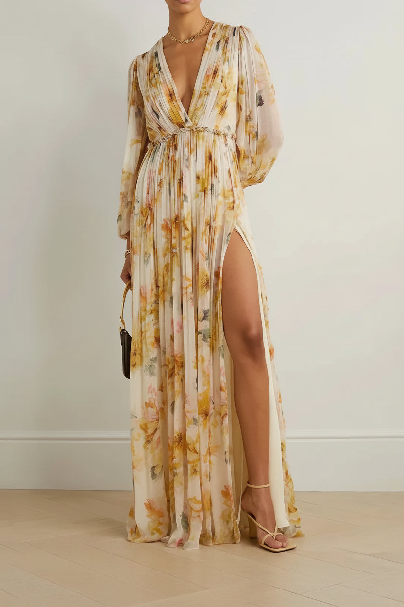 Robe Longue Florale Col V Manches Longues Plissées Fente Haute | Été Élégante | ROBEMODE