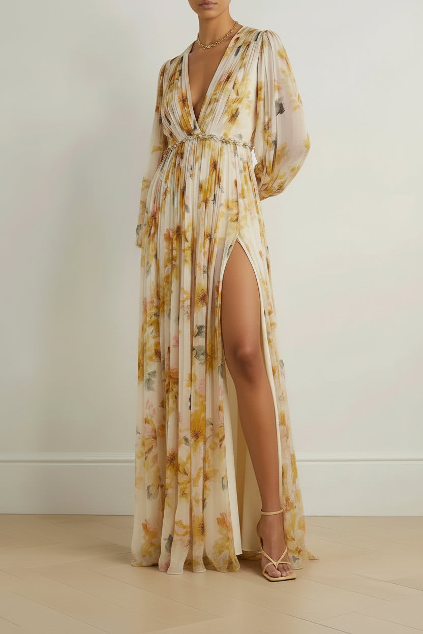 Robe Longue Florale Col V Manches Longues Plissées Fente Haute | Été Élégante | ROBEMODE