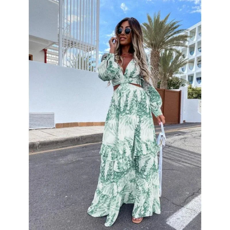 Robe longue femme florale manches longues col V découpe | Coupe féminine + Style élégant + Facile à accessoiriser – ROBEMODE