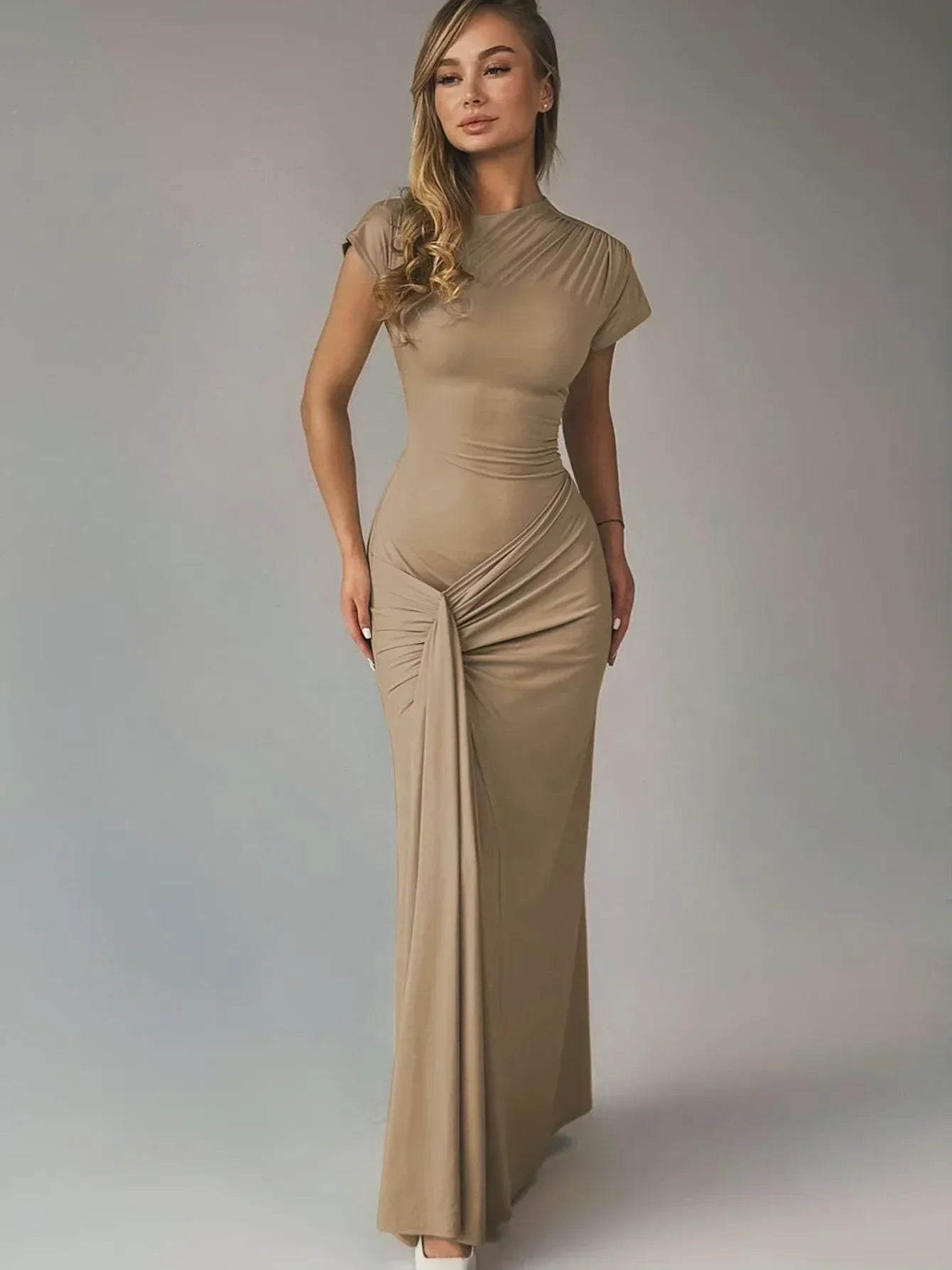 Robe longue fluide femme froncée manches courtes soirée | ROBEMODE