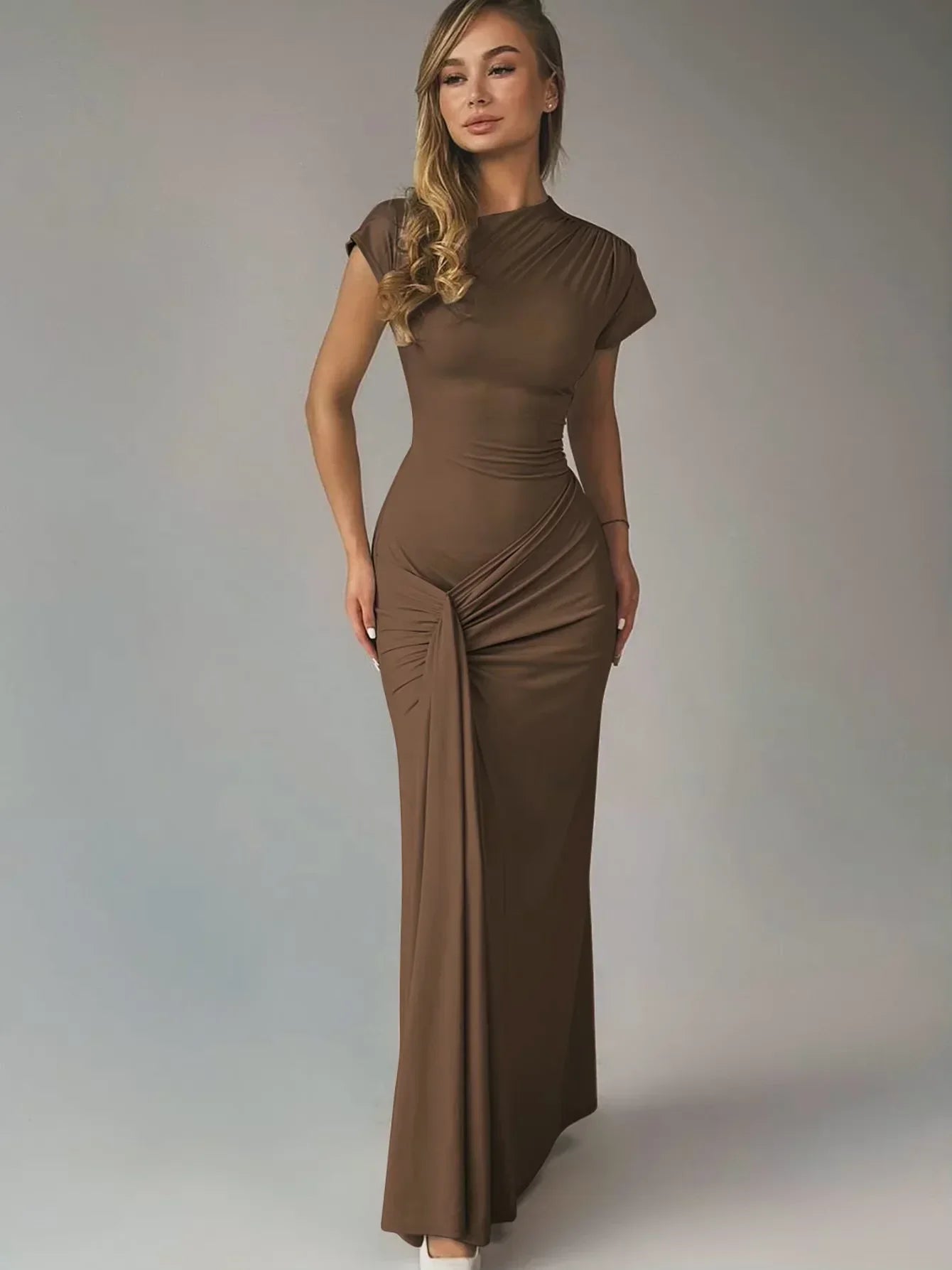 Robe longue fluide femme froncée manches courtes soirée