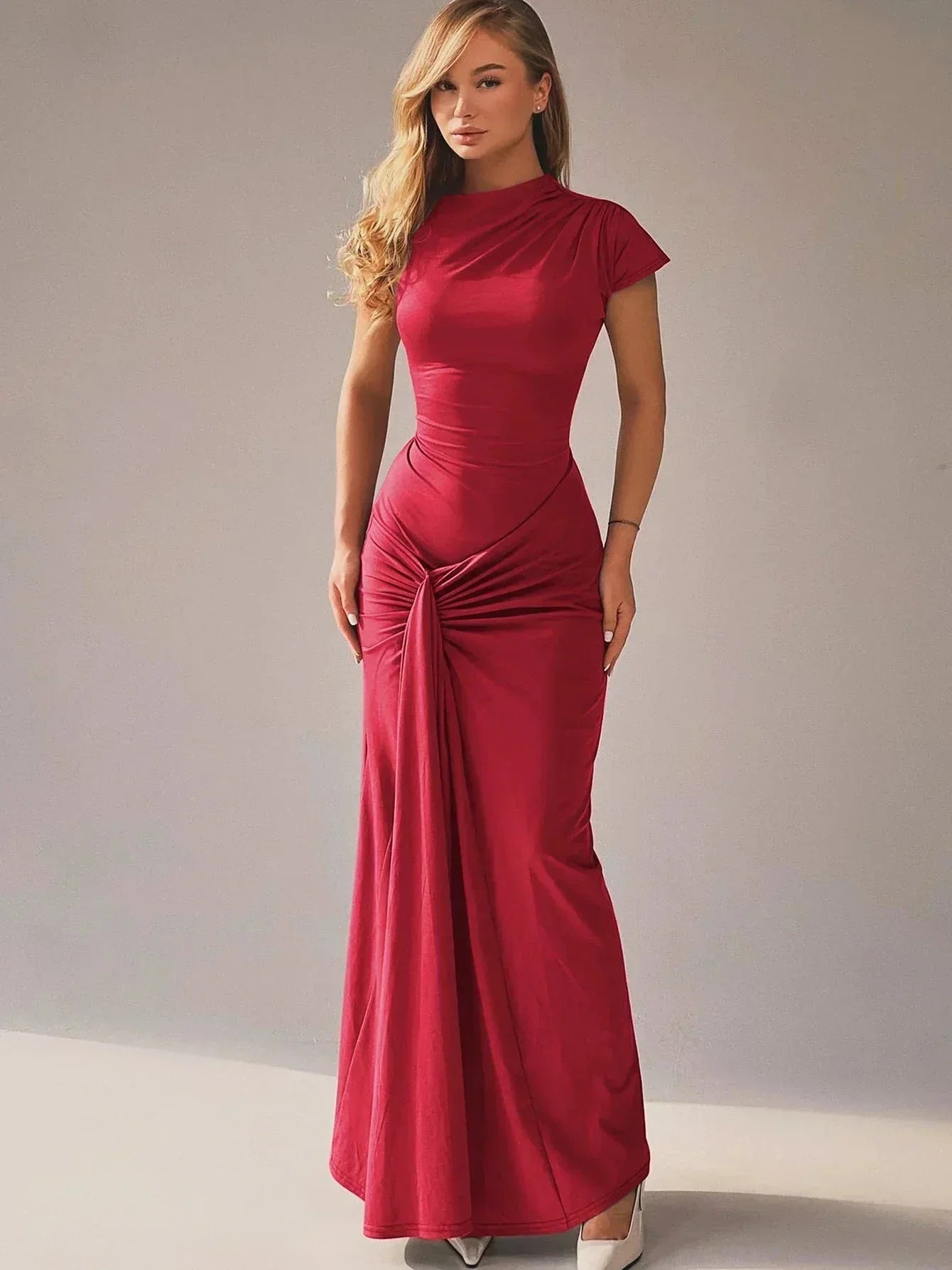 Robe longue fluide femme froncée manches courtes soirée | ROBEMODE