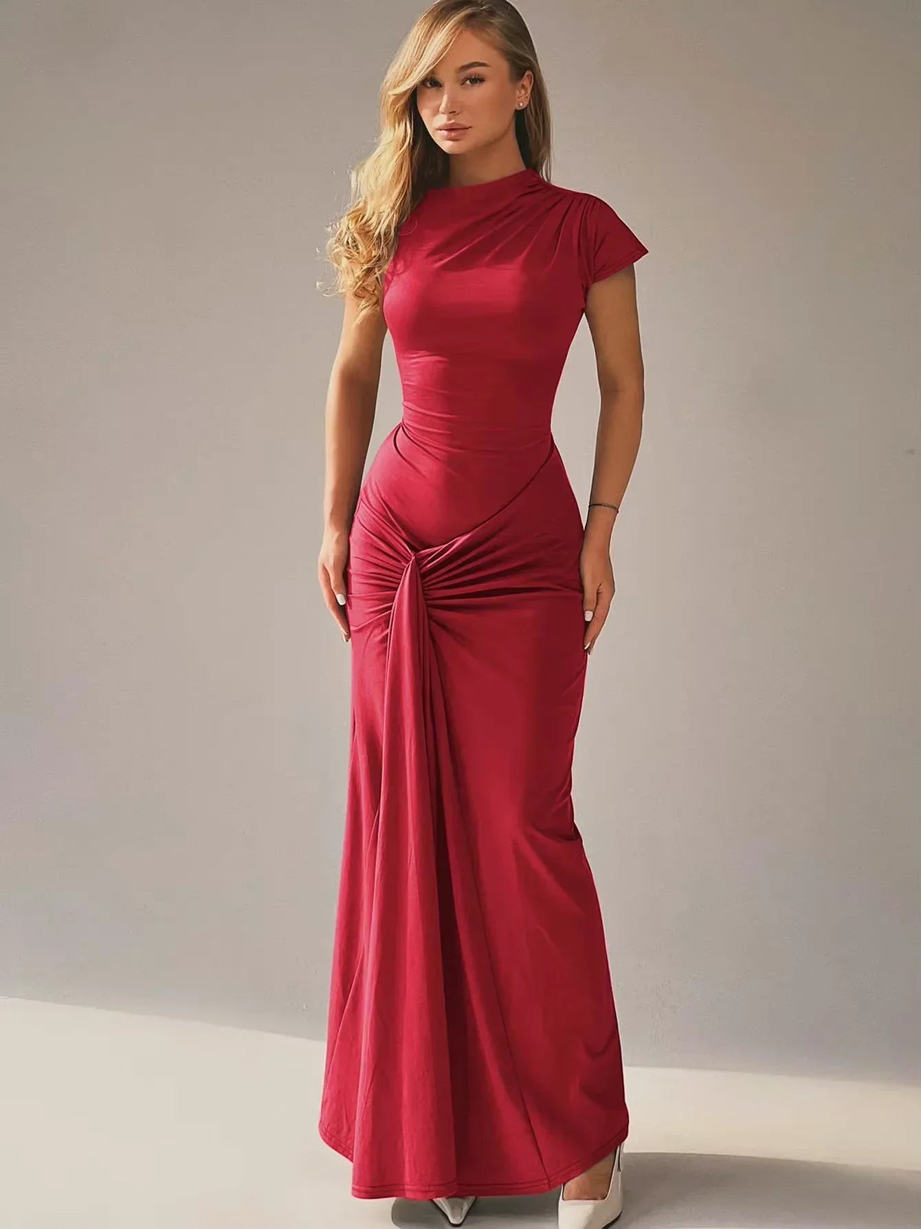 Robe longue fluide femme froncée manches courtes soirée | ROBEMODE