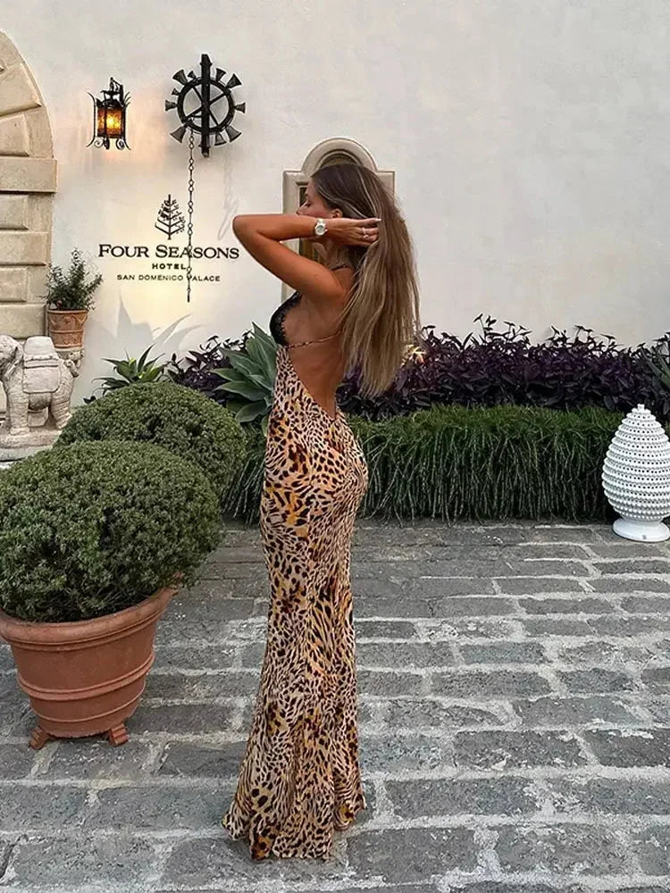 Robe Longue Imprimé Léopard Col Plongeant Sans Manches | ROBEMODE