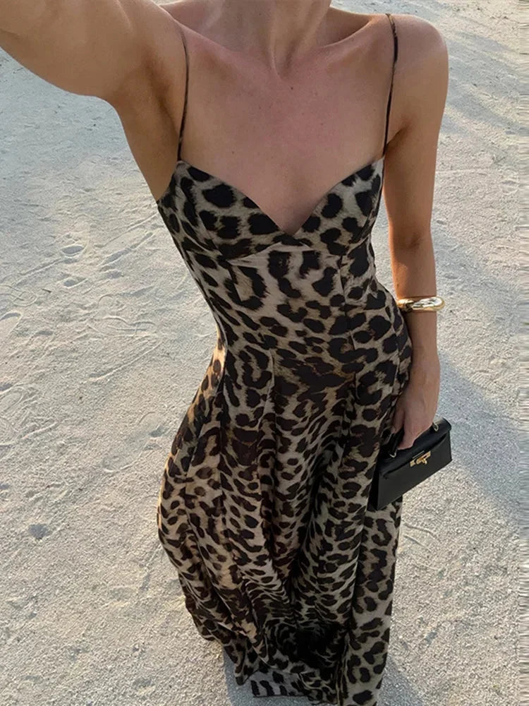 Robe Longue Femme Léopard Bretelles Fines Fluide Soirée | ROBEMODE