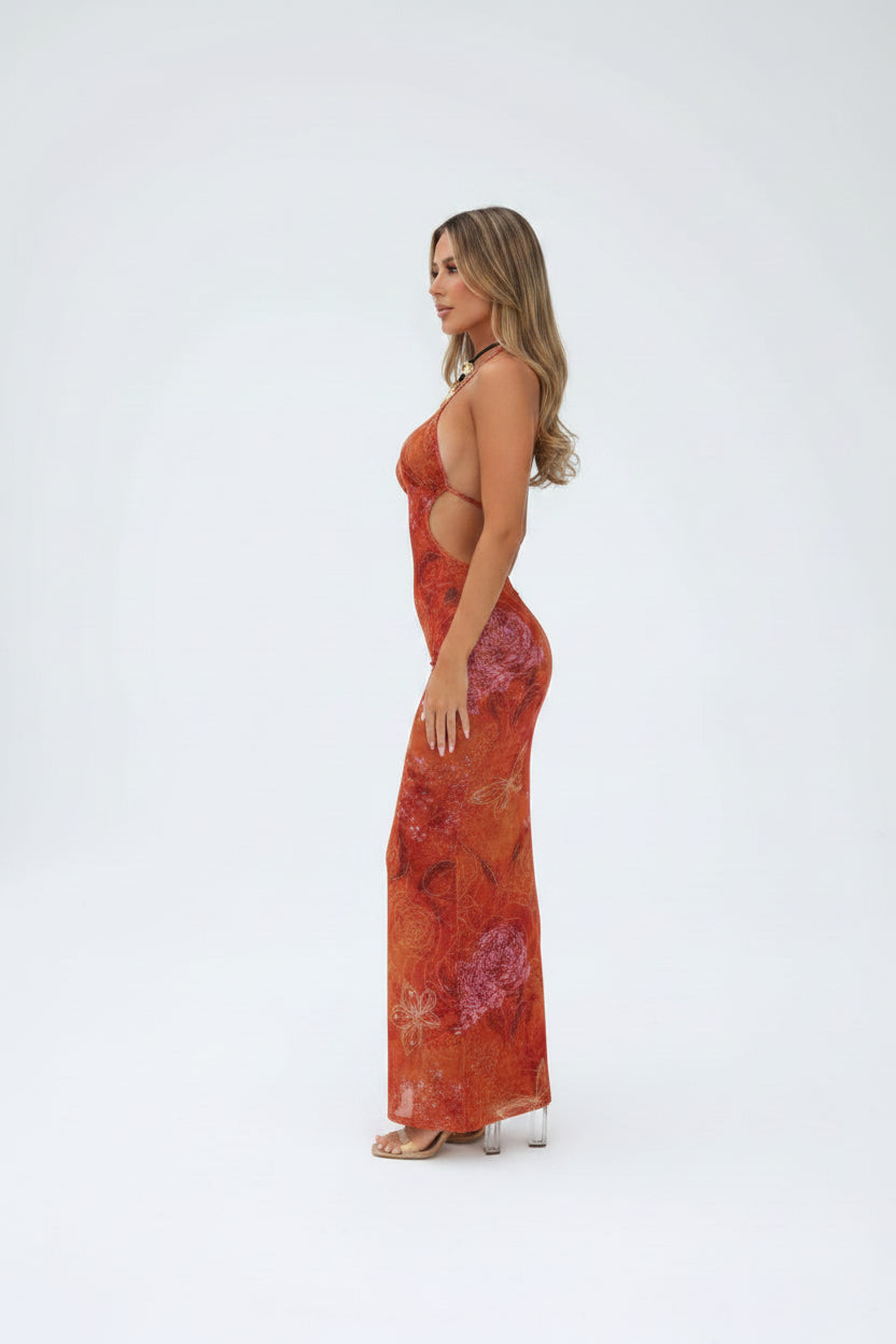 Robe longue femme dos nu rouge imprimée découpes été | ROBEMODE