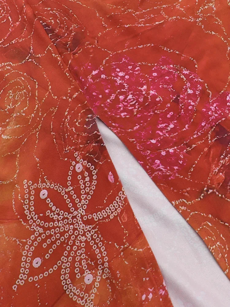 Robe longue femme dos nu rouge imprimée découpes été