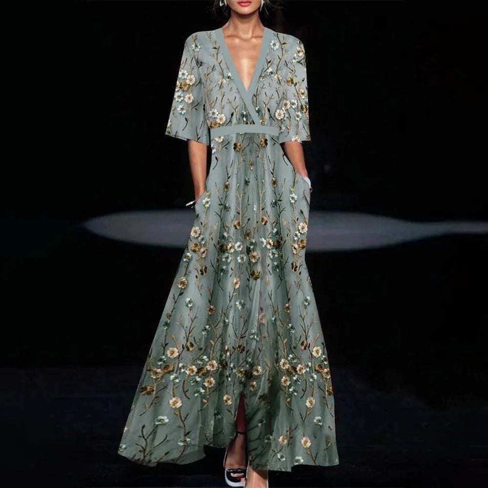 Robe longue bleu clair fleurs été col V femme | ROBEMODE