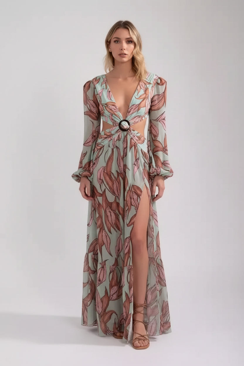 Robe longue femme col V avec motif et dos découpé | Coupe féminine + Style élégant + Facile à accessoiriser – ROBEMODE