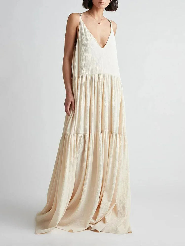 Robe longue femme ivoire col V bretelles fines été | Coupe féminine + Style élégant + Facile à accessoiriser – ROBEMODE