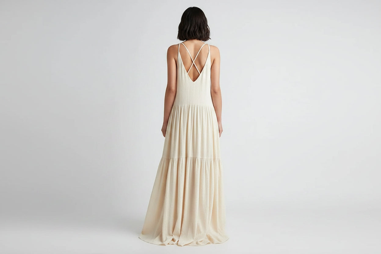 Robe longue femme ivoire col V bretelles fines été | Coupe féminine + Style élégant + Facile à accessoiriser – ROBEMODE