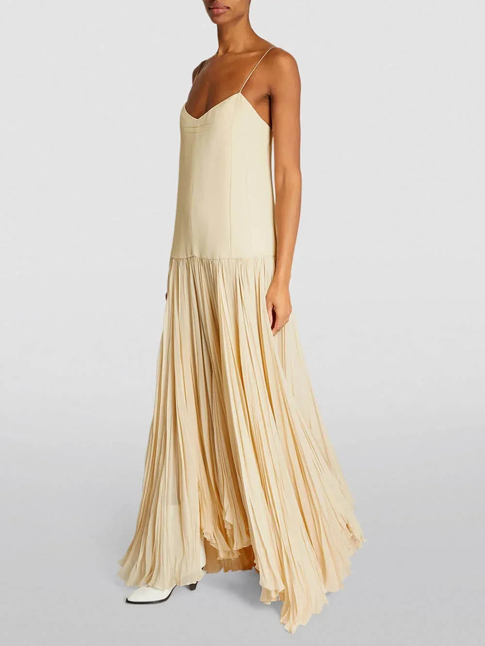 Robe longue femme ivoire plissée bretelles fines | ROBEMODE