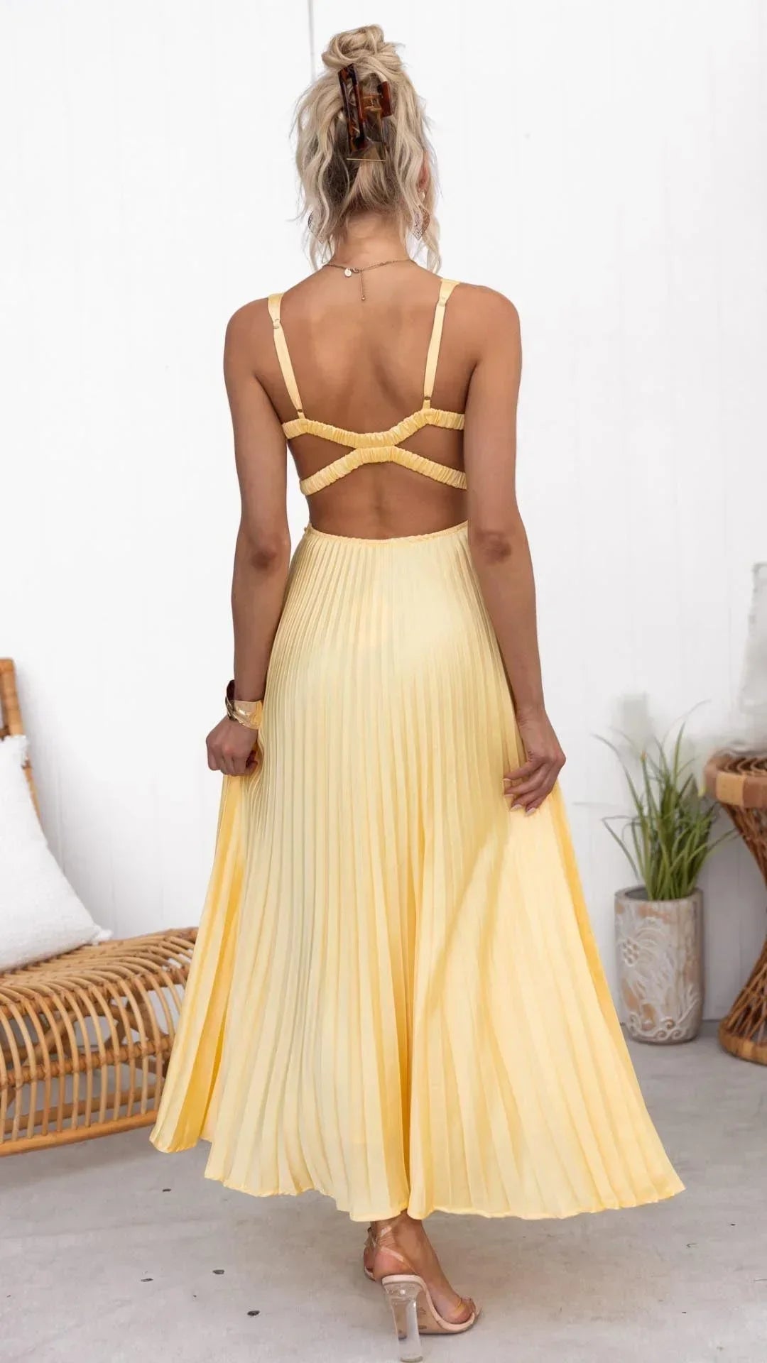 Robe longue plissée jaune col V sans manches été | ROBEMODE