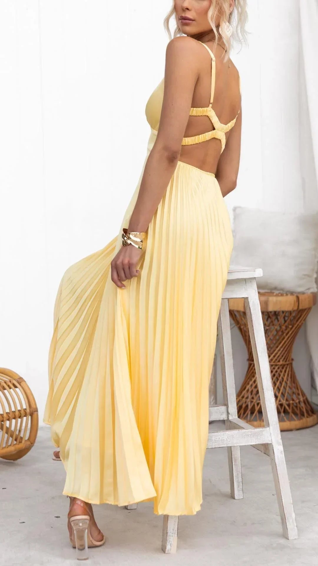 Robe longue plissée jaune col V sans manches été | ROBEMODE