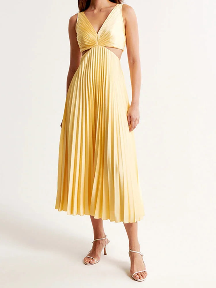 Robe Longue Jaune Col Plongeant Plis Fluide Soirée | ROBEMODE