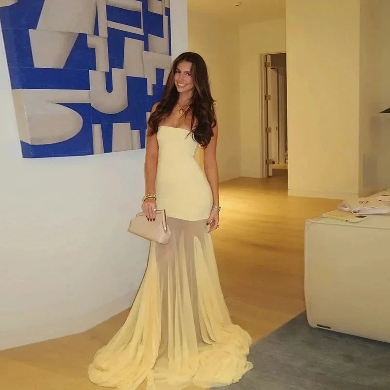 Robe Longue Jaune Sans Bretelles Jupe Transparente Soirée | ROBEMODE