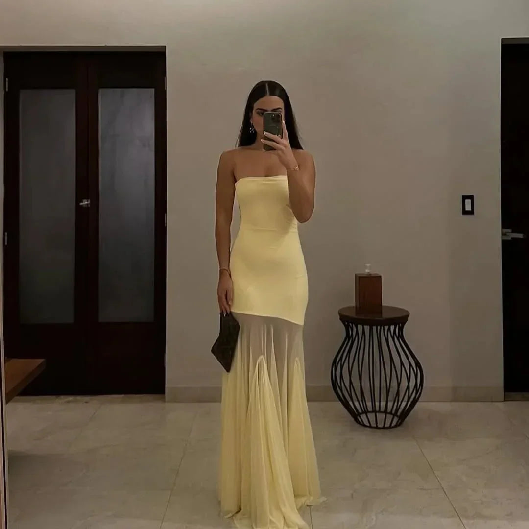 Robe Longue Jaune Sans Bretelles Jupe Transparente Soirée | ROBEMODE