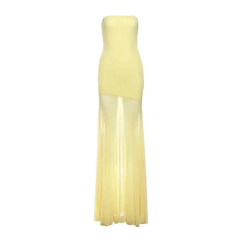 Robe Longue Jaune Sans Bretelles Jupe Transparente Soirée | ROBEMODE