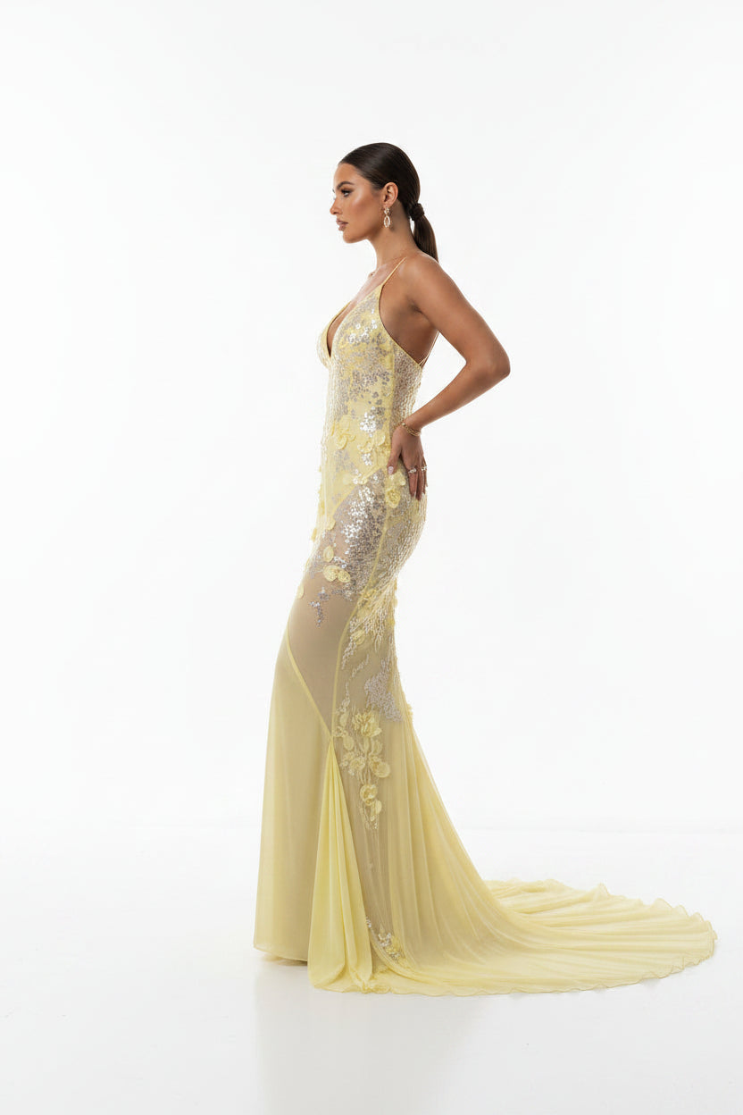 Robe Longue Jaune à Sequins Dos Croisé Col V Soirée | ROBEMODE