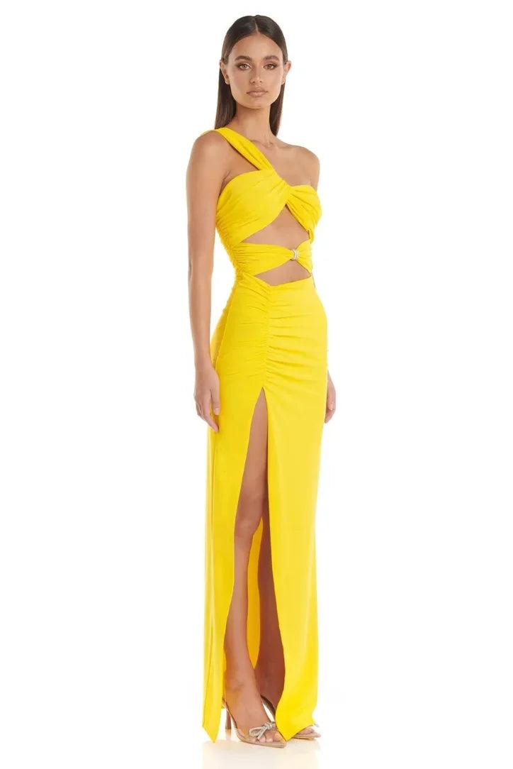 Robe longue jaune découpée avec fente haute soirée | Coupe féminine + Style élégant + Facile à accessoiriser – ROBEMODE