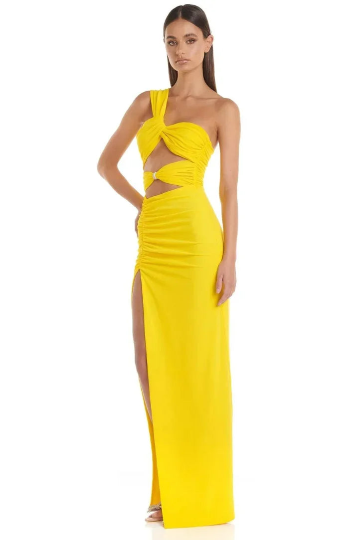 Robe longue jaune découpée avec fente haute soirée | Coupe féminine + Style élégant + Facile à accessoiriser – ROBEMODE