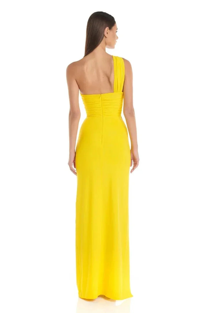 Robe longue jaune découpée avec fente haute soirée | Coupe féminine + Style élégant + Facile à accessoiriser – ROBEMODE