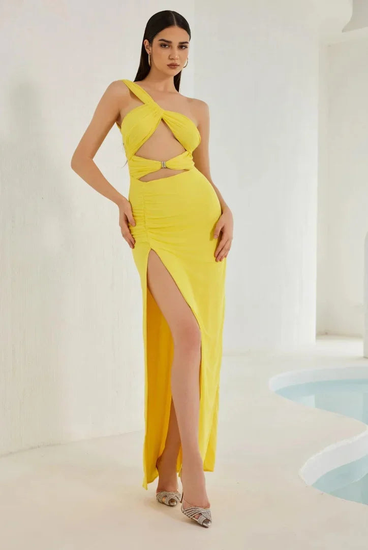 Robe longue jaune découpée avec fente haute soirée | Coupe féminine + Style élégant + Facile à accessoiriser – ROBEMODE