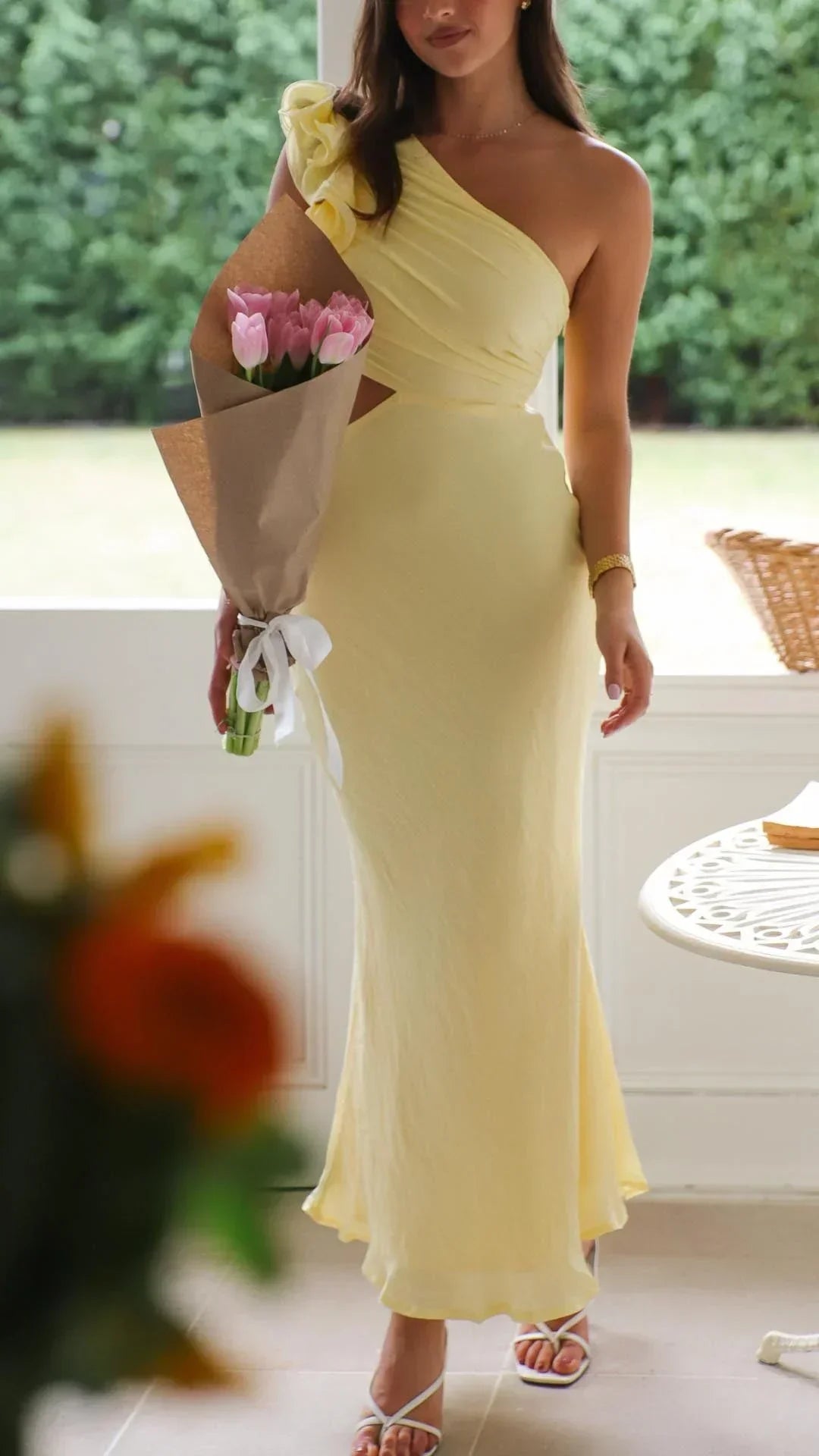 Robe Longue Asymétrique Jaune Beurre Une Épaule Soirée | ROBEMODE